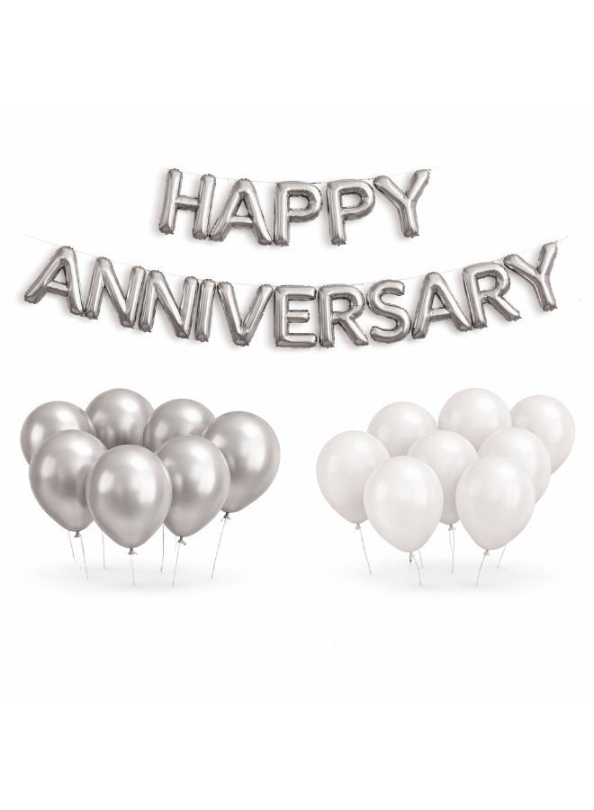 Happy Anniversary Silver Foil Balloon Set – 16 Inch Letter Balloons with Silver & White Latex Balloons – Party Decoration Kit - Image 1